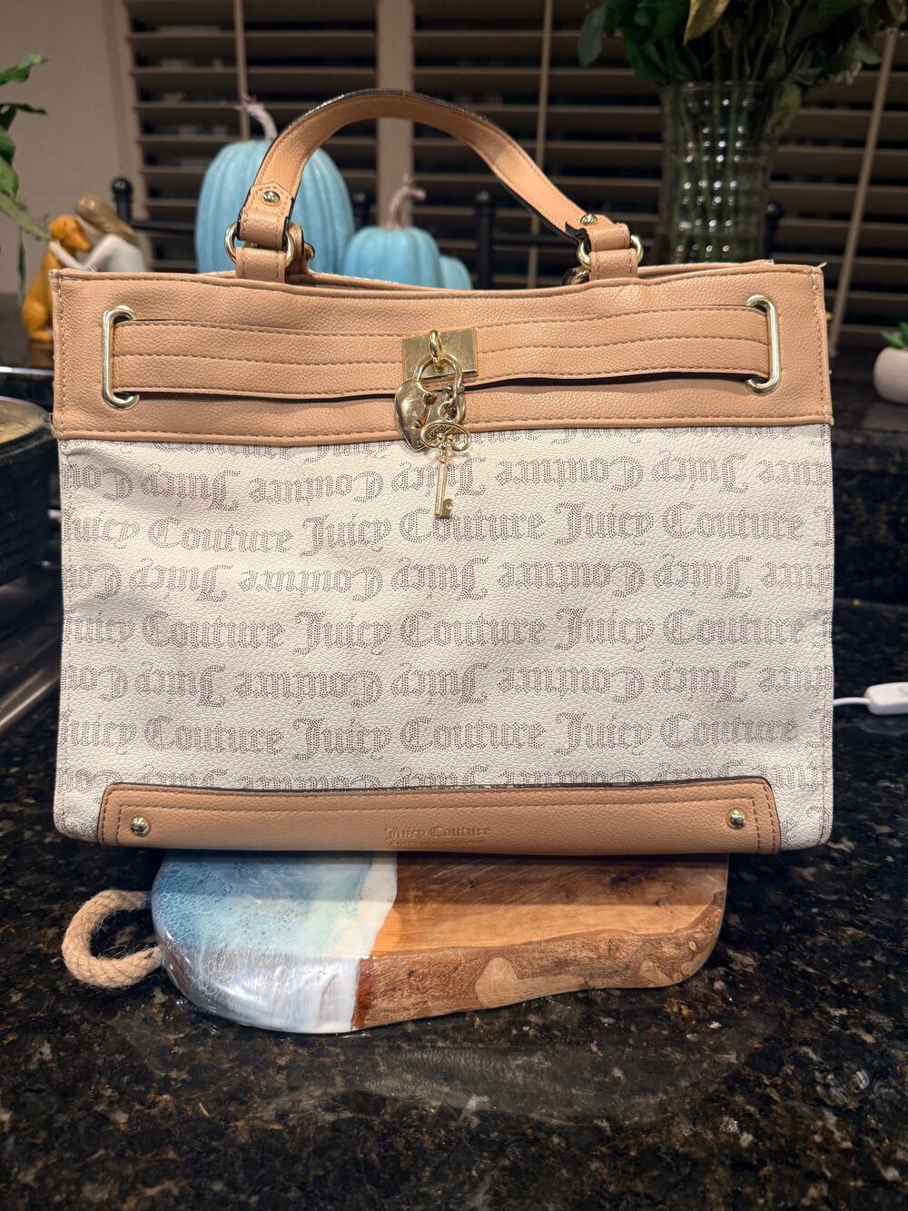 Juicy Couture Beige Monogram Tote Bag w/ Heart & Key Charm